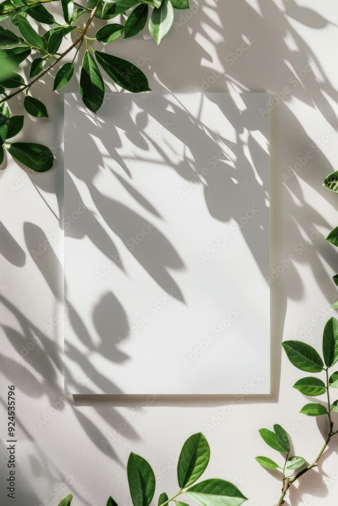 Serene Shadows: Blank Paper Canvas Surrounded by Natural Leaf Silhouettes Serene Shadows: Blank Paper Canvas Surrounded by Natural Leaf Silhouettes
