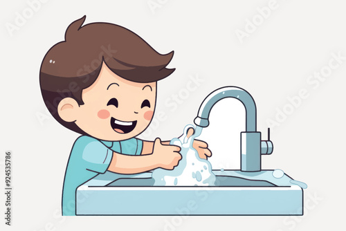 Child washing hands happily.