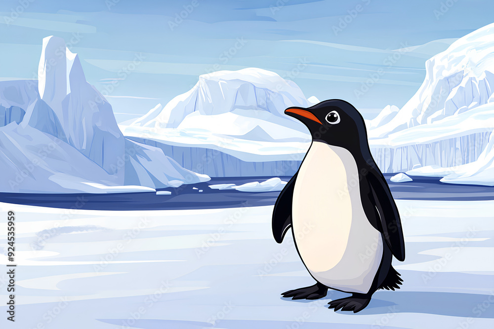 Obraz premium Adorable Adelie Penguin Standing Proudly in the Vast Snowy Landscape of Antarctica, cartoon style, 3d rendering, generative ai