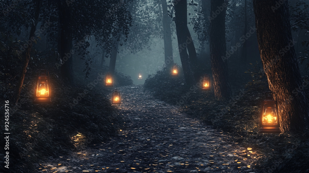 Obraz premium A dimly lit forest pathway enveloped in a mystical, almost eerie atmosphere. The path is bordered by dense trees and foliage, while the ground is covered in fallen leaves, suggesting an autumn setting