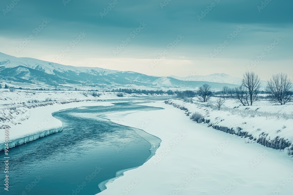 A tranquil winter landscape featuring a winding river amidst snow-covered terrain and distant mountains under a cloudy sky. A tranquil winter landscape featuring a winding river amidst snow-covered terrain and distant mountains under a cloudy sky.
