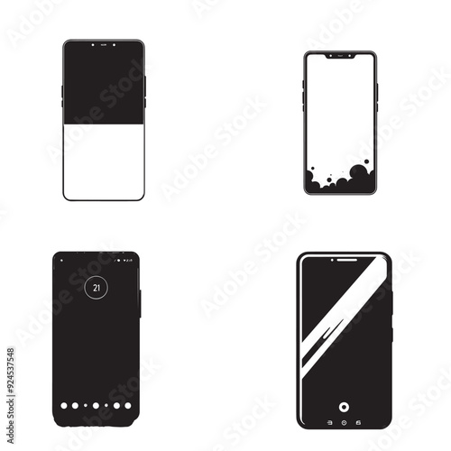 4 sets of black silhouette of Smartphone for Digital and Mobile Design  isolated on white background 