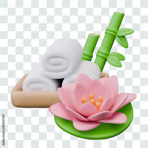 Wooden tray with clean towels, lotus flower, green bamboo stalks