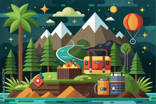 Night Camping Scene with Mountains, Hot Air Balloon, and Camp Supplies