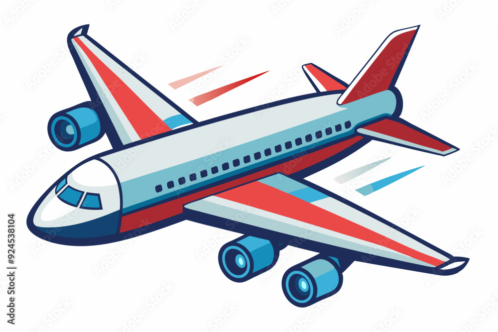 A Cartoon Airplane in Flight with Red and Blue Markings A Cartoon Airplane in Flight with Red and Blue Markings