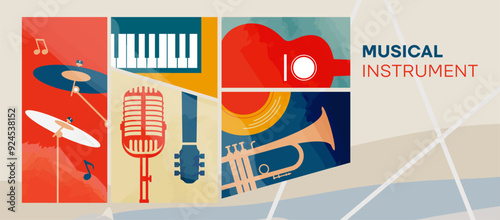 Classic retro style musical instrument, vintage. This design has a concept for celebrating a music party by featuring guitar, drum, trumpet, vinyl records, piano and mic. Music Festival