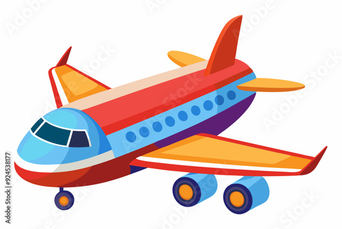 Cartoon illustration of a red and blue airplane with orange wings