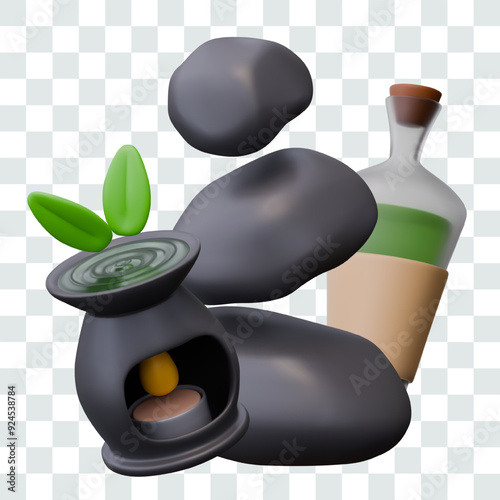 Realistic aroma lamp, black stones for warming massage, bottle with green liquid