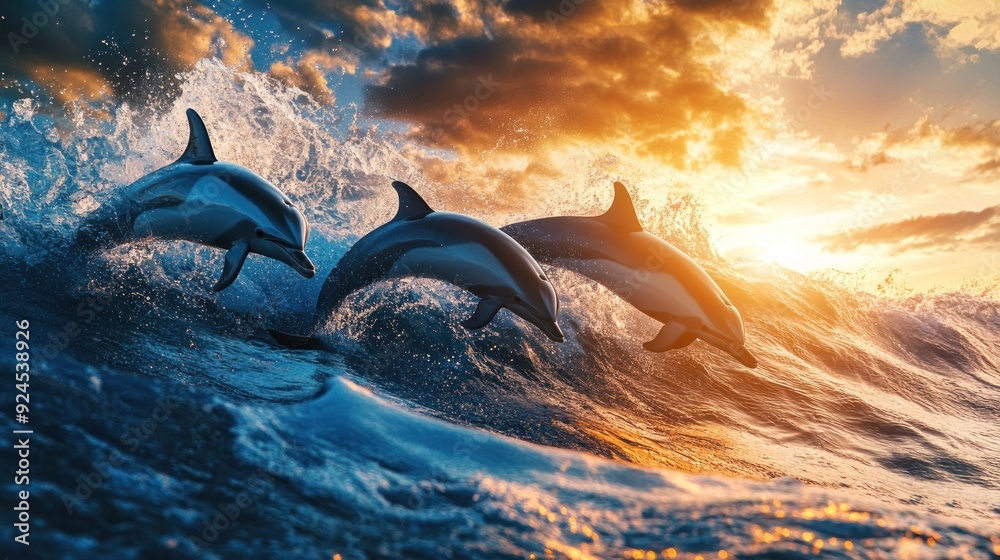 Fototapeta premium Three Dolphins Jumping Over A Wave At Sunset