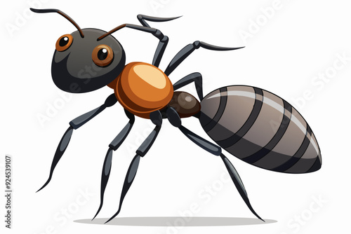 Cartoon illustration of a black and orange ant with striped abdomen