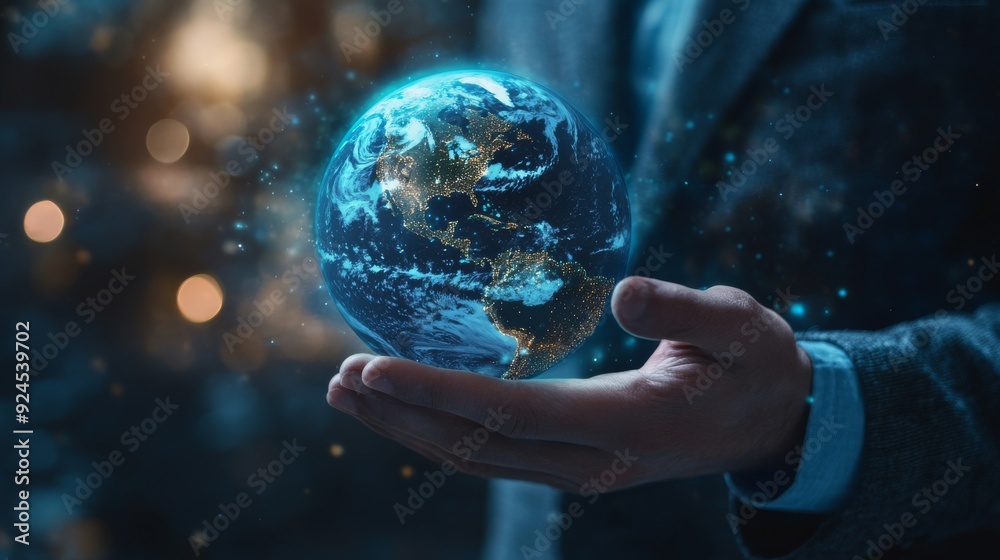 A businessman holding a glowing hologram of the planet Earth, with a global network and connectivity concept, the digital world in his hand over a dark background. A businessman holding a glowing hologram of the planet Earth, with a global network and connectivity concept, the digital world in his hand over a dark background.