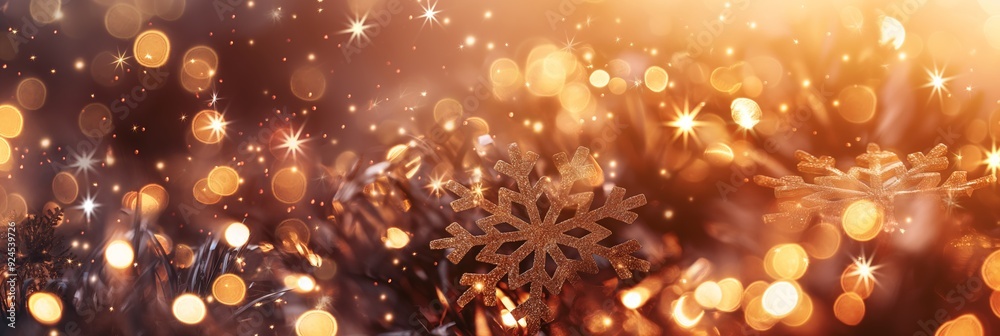 Golden snowflakes hanging amidst twinkling lights, creating a warm and festive atmosphere perfect for celebrating the winter holiday season.