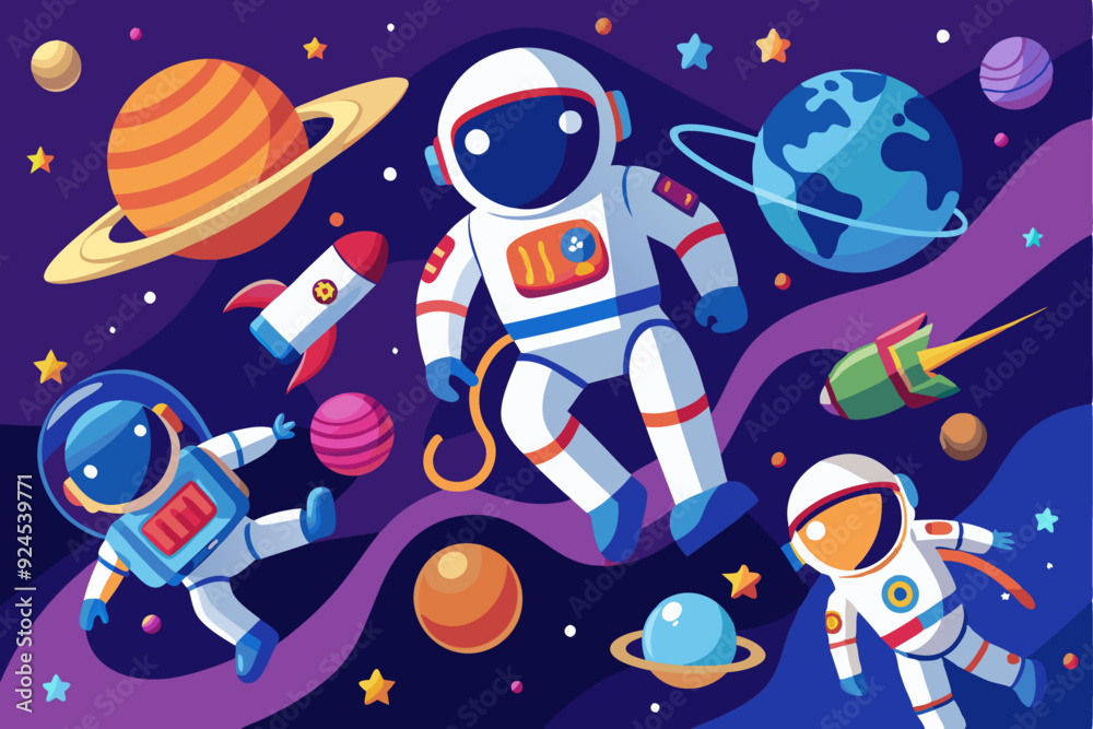 Naklejka premium Astronauts Floating in Space with Planets and Stars
