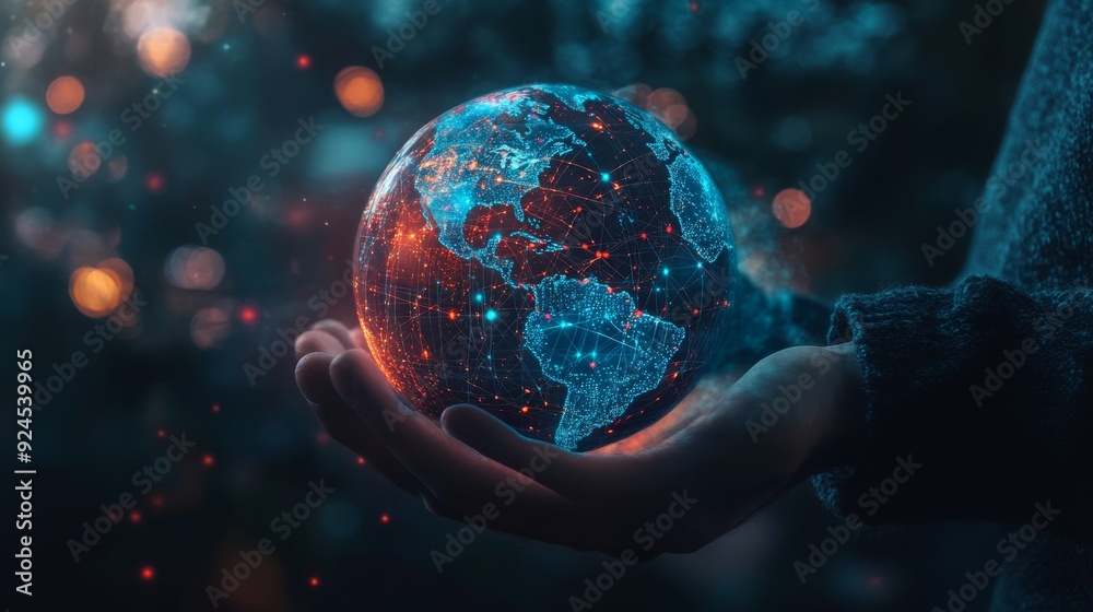 A businessman holding a glowing hologram of the planet Earth, with a global network and connectivity concept, the digital world in his hand over a dark background. A businessman holding a glowing hologram of the planet Earth, with a global network and connectivity concept, the digital world in his hand over a dark background.