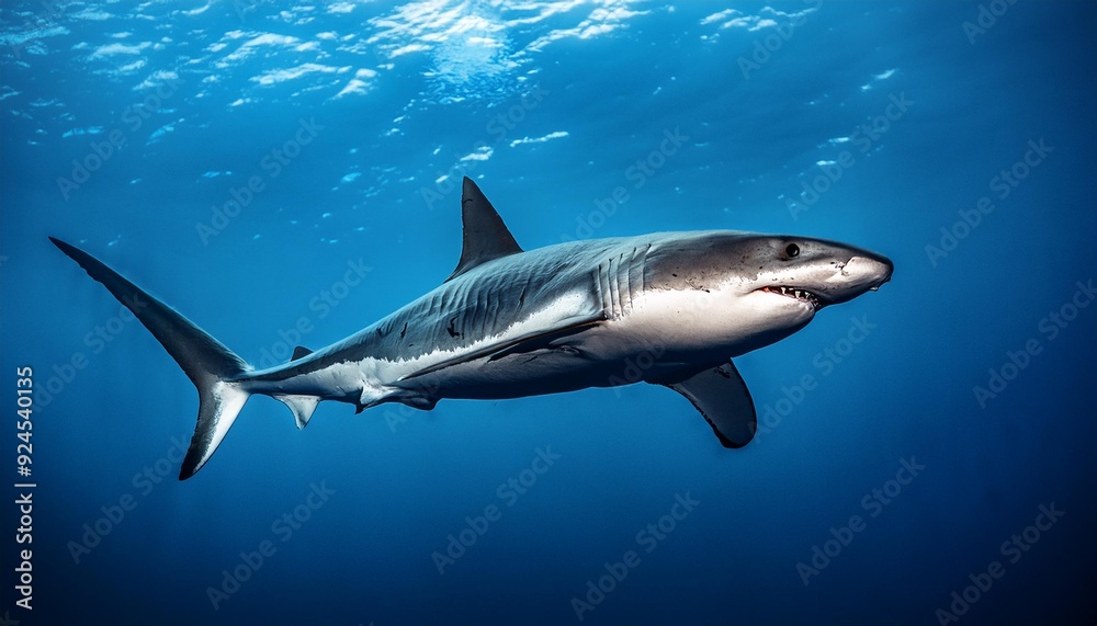 Fototapeta premium Close-Up Macro Shot of a Great White Shark for Marine Photography, Ocean Aquatic Life Underwater Exploration, Background Wallpaper.
