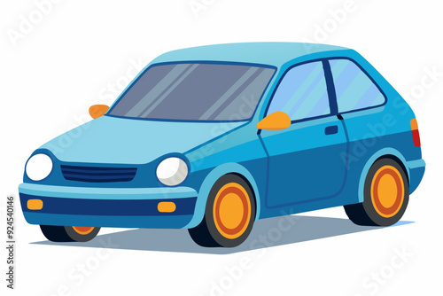 Cartoon Illustration of a Blue Car with Orange Wheels