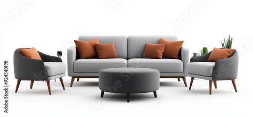 Sofa with two armchairs and an ottoman isolated on a white background