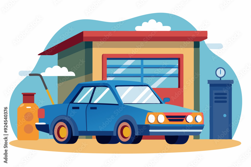 Fototapeta premium Blue Car Parked in Front of Garage with Yellow Tank