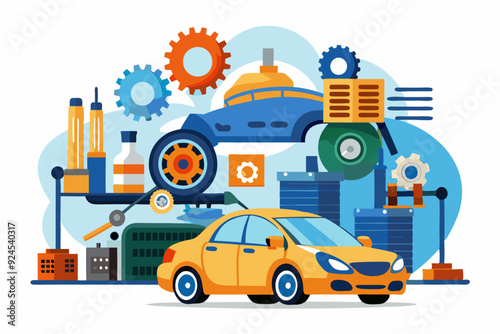 Car repair shop with parts and tools