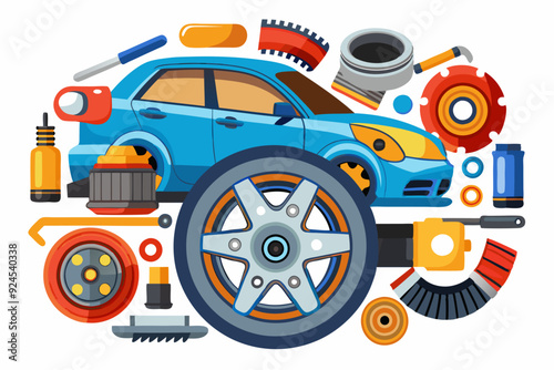 Blue Car Surrounded by Car Parts and Tools