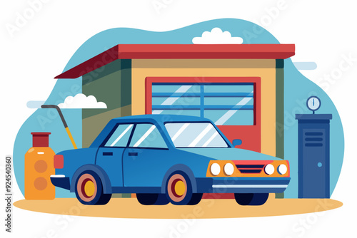A Blue Car Parked Outside a Garage with a Gas Tank