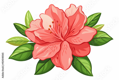 A single pink azalea flower with green leaves