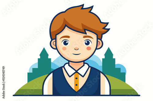 Cartoon Boy with Brown Hair and Blue Vest in Front of Green Towers