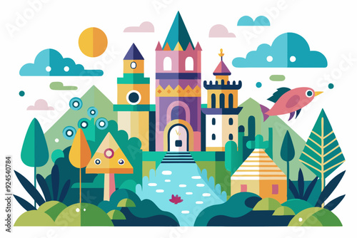 Wallpaper Mural Colorful Castle and Surrounding Landscape Illustration Torontodigital.ca