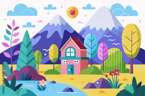 A Colorful Illustration of a House in a Picturesque Landscape