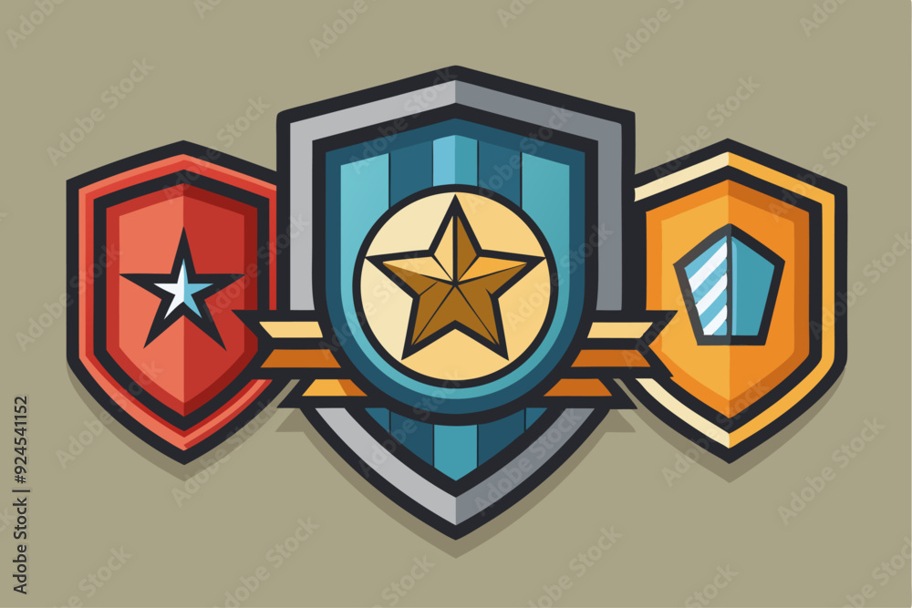 Three Colorful Shields with Stars and Geometric Shapes Three Colorful Shields with Stars and Geometric Shapes