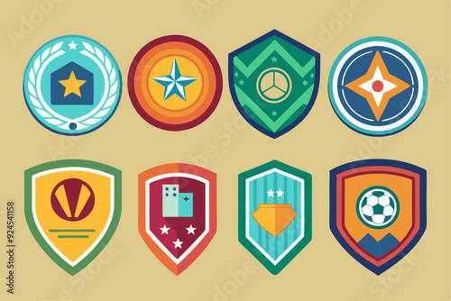 Free Download Set of Colorful Flat Design Shields with Stars, Sports, and Geometric Shapes - GFXLoad