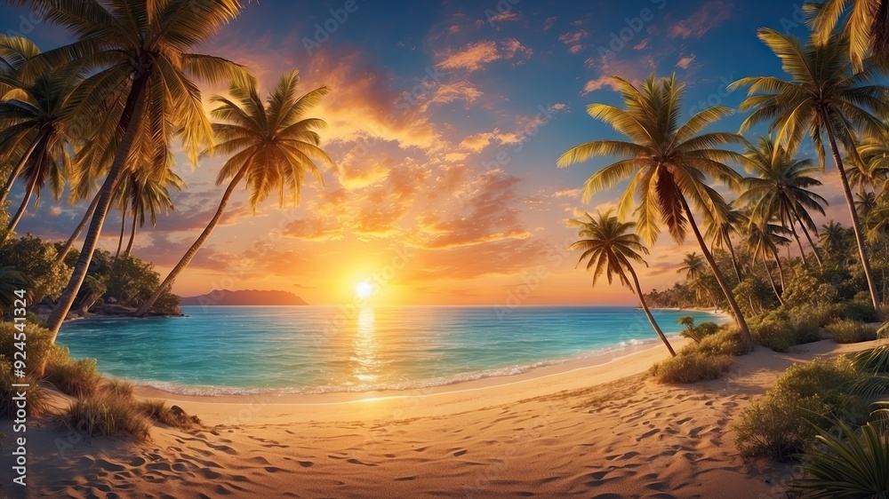 Obraz premium Beautiful panoramic sunset tropical paradise beach. Tranquil summer vacation or holiday landscape