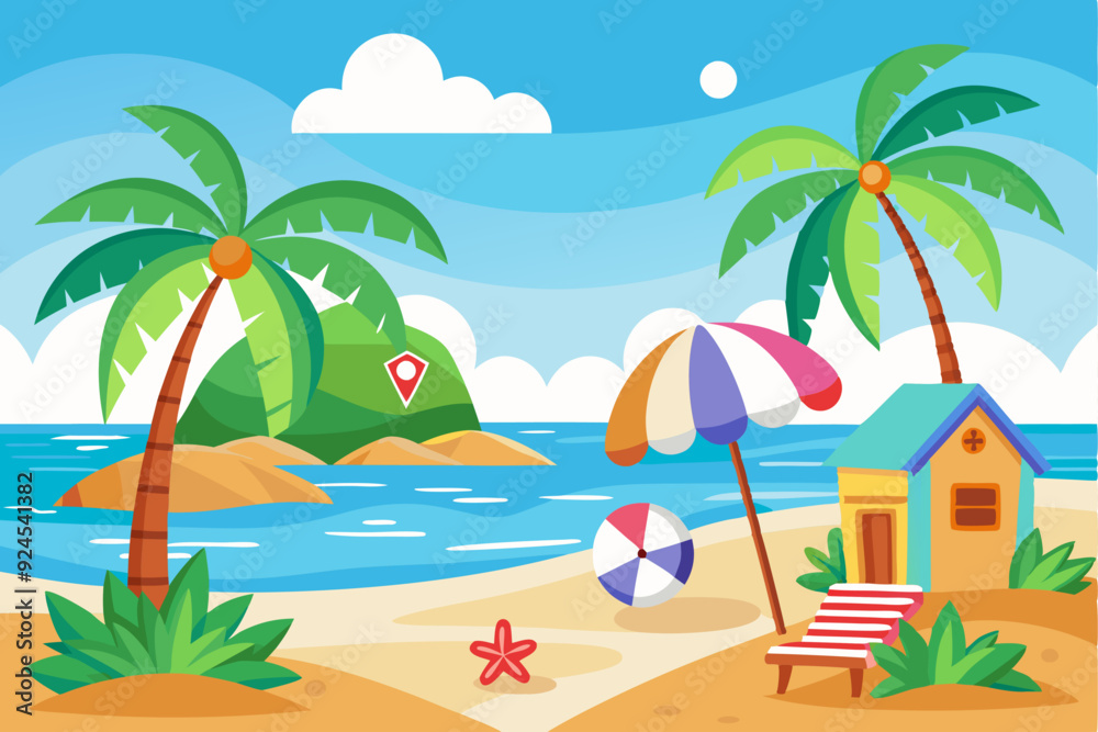 Obraz premium Tropical Beach Scene with Palm Trees, Beach House, and Umbrella