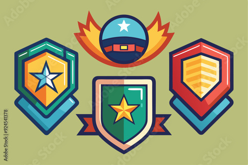 Four Colorful Shields with Stars and Stripes