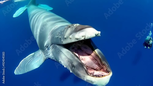 A breathtaking underwater shot capturing a massive whale with its mouth open, swimming closely next to a scuba diver in the deep blue ocean, showcasing the enormity of marine life.
