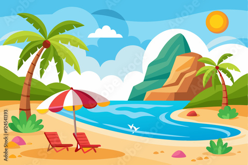 Tropical Beach with Palm Trees, Umbrella, and Loungers
