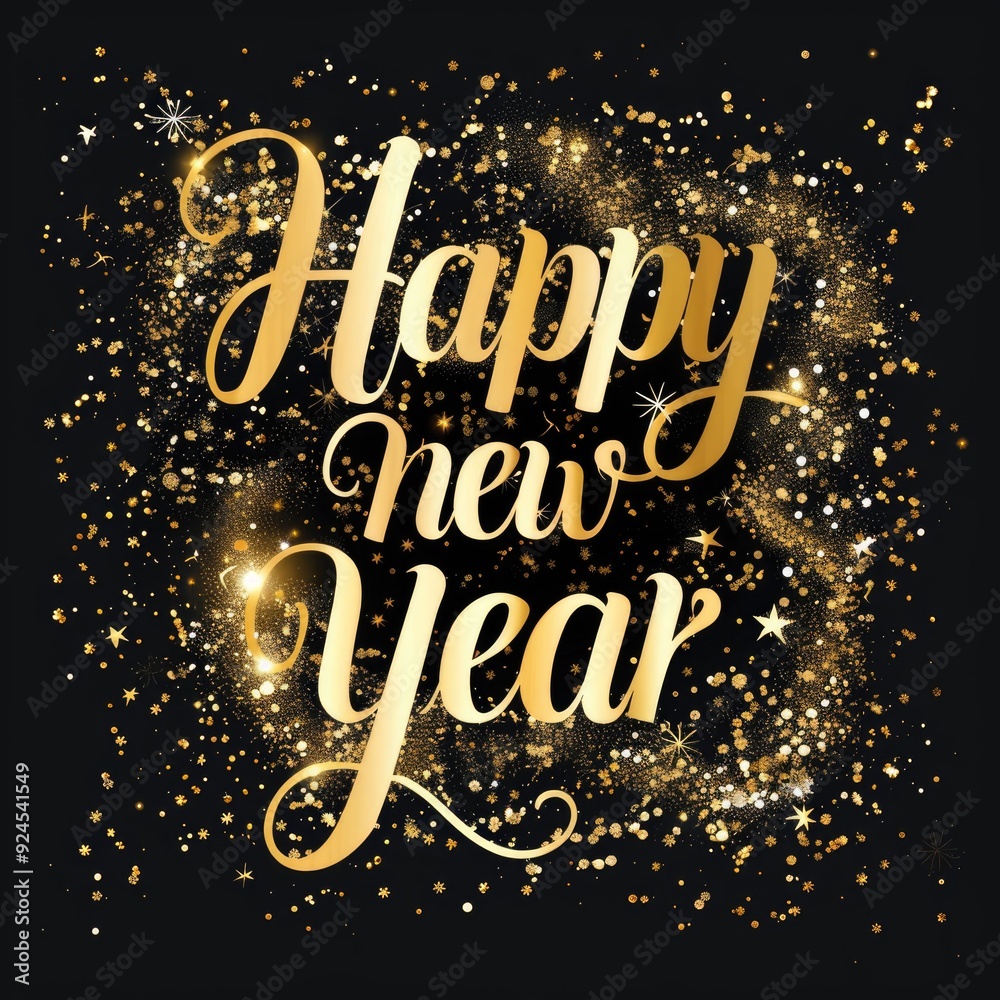 Festive Happy New Year Celebration with Golden Sparkles and Calligraphy Festive Happy New Year Celebration with Golden Sparkles and Calligraphy