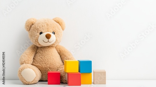 Teddy bear, soft and fluffy, playing with colorful blocks, cheerful nursery