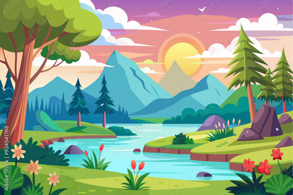 Fototapeta premium Serene Landscape with Winding River and Mountain Range at Sunset