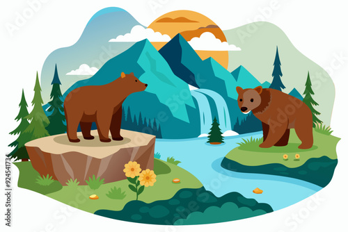 Two Brown Bears in a Mountainous Landscape with a Waterfall