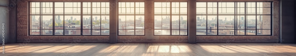 Fototapeta premium Ethereal Urban Retreat: Spacious Loft with Floor-to-Ceiling Windows and Wood Floors Overlooking the Cityscape