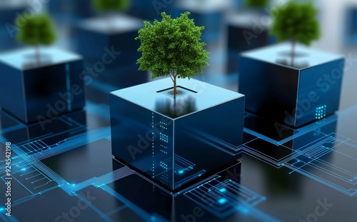 Sleek blue metallic cubes with circuit patterns and green trees growing on them, representing the integration of nature into sustainable digital technology