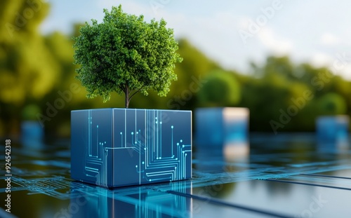 Sleek blue metallic cubes with circuit patterns and green trees growing on them, representing the integration of nature into sustainable digital technology
