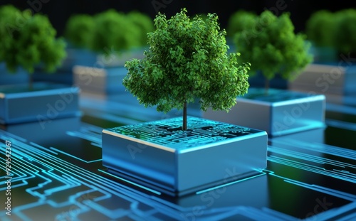Sleek blue metallic cubes with circuit patterns and green trees growing on them, representing the integration of nature into sustainable digital technology