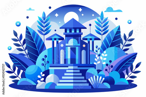 Blue House in a Nighttime Garden with Stars and Moon