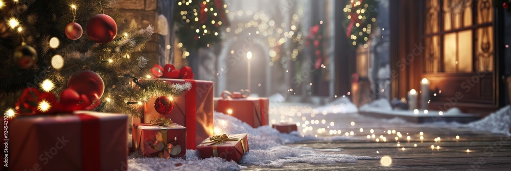 A magical outdoor setting adorned with Christmas decorations, gifts, and sparkling lights, reminiscent of a festive, enchanted evening. A magical outdoor setting adorned with Christmas decorations, gifts, and sparkling lights, reminiscent of a festive, enchanted evening.