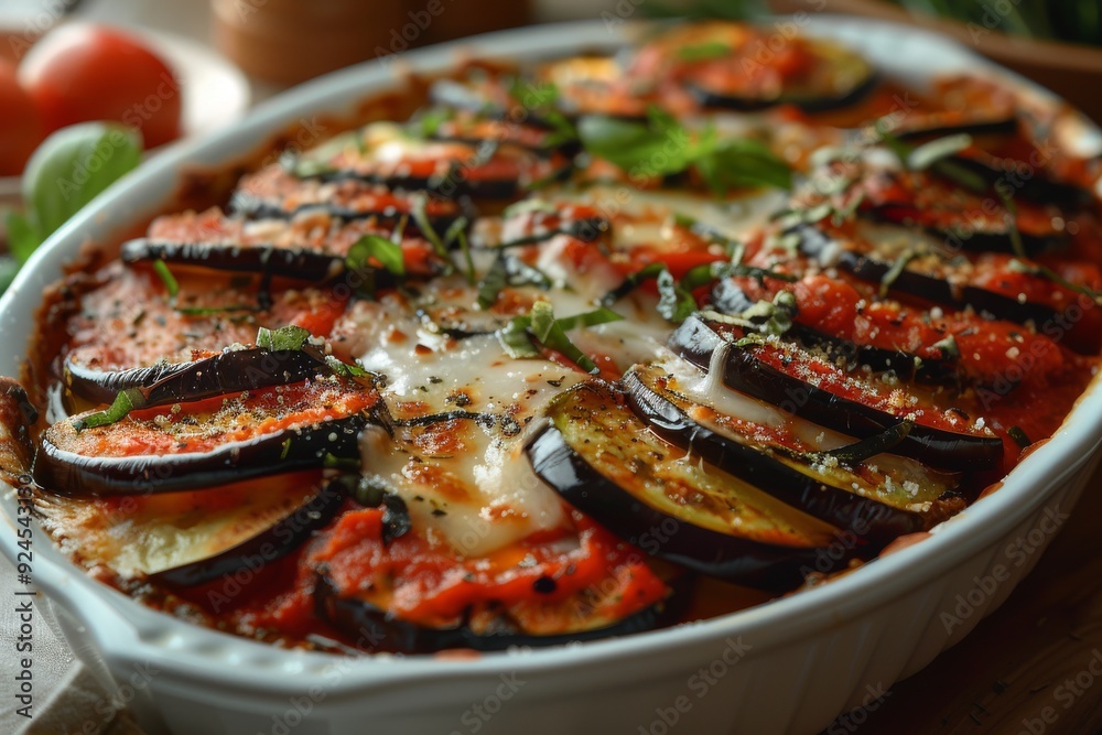 A delicious baked dish featuring layers of eggplant, tomato, and cheese. A delicious baked dish featuring layers of eggplant, tomato, and cheese.