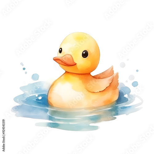 Adorable Watercolor of a Gentle Rubber Duck Floating on a Serene White Background