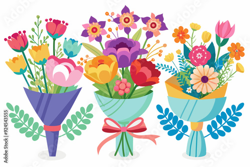 Three colorful bouquets of assorted flowers, tied with ribbons, on a white background