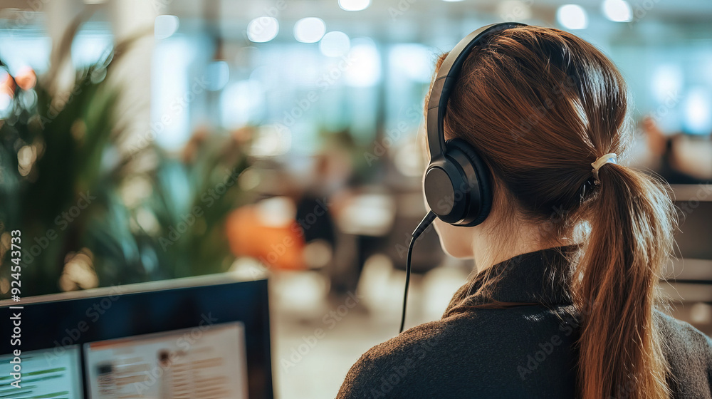 A sales professional making a cold call from their office, with a headset on and a list of leads in front of them. The background shows a busy sales floor with colleagues engaged in similar activities A sales professional making a cold call from their office, with a headset on and a list of leads in front of them. The background shows a busy sales floor with colleagues engaged in similar activities
